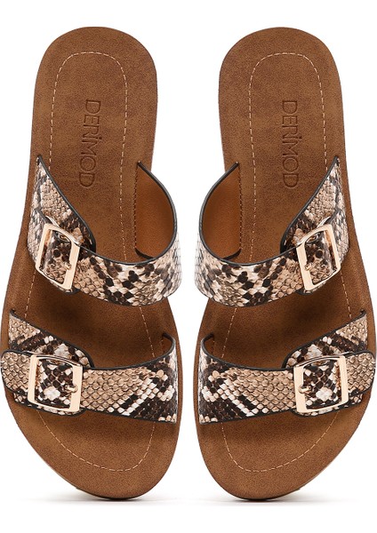 Kadın Kahverengi Çift Tokalı Desenli Terlik 25SFE460240