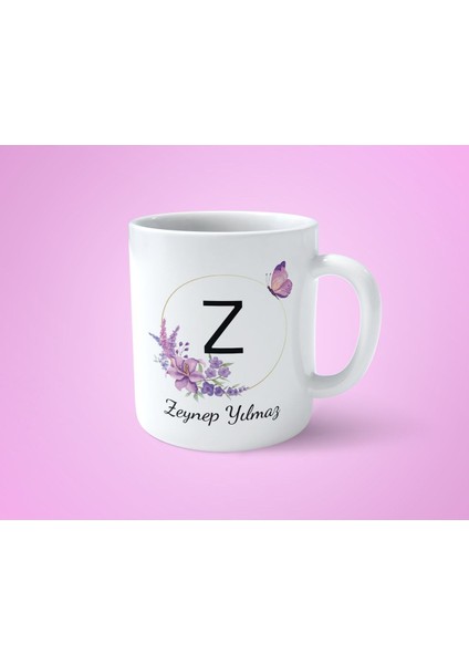 Kişiye Özel Mor Çerçeveli Z Harfli Beyaz Kupa Bardak