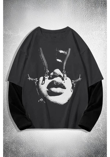 Füme Women Portre Siyah Kollu Ince Gotik Sweatshirt