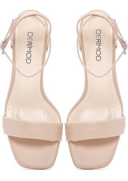 Kadın Bej Bilekten Bantlı Kalın Topuklu Sandalet 25SFE390218