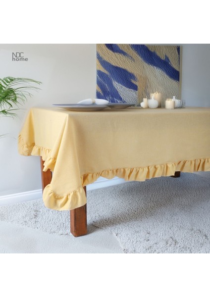 Sarı Keten Fırfırlı Şık Masa Örtüsü, Şık ve Doğal Görünüm Sağlar. fiyatları