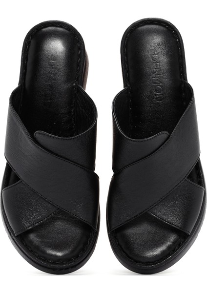 Kadın Siyah Kalın Tabanlı Deri Comfort Terlik 25SFD320118