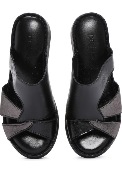 Kadın Siyah Dolgu Topuklu Deri Comfort Terlik 25SFD320218