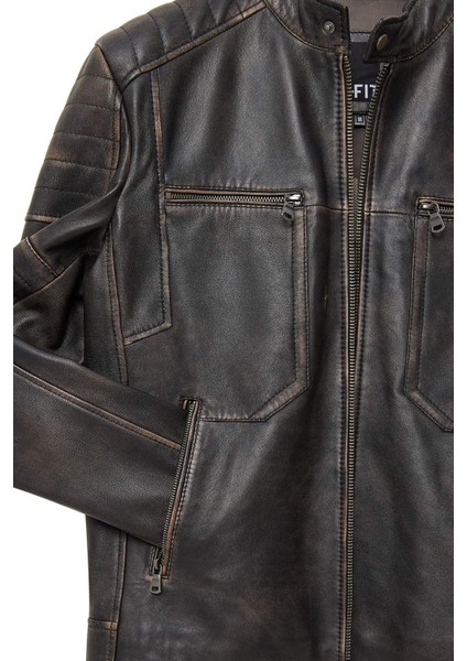 Morant Erkek Kahverengi Vintage Slim-Fit Deri Ceket 24WGF6554G6