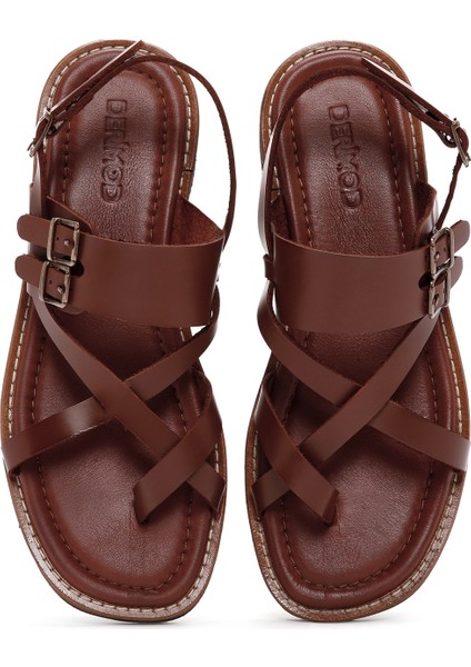 Kadın Taba Bilekten Bantlı Parmak Arası Deri Sandalet 25SFD361018