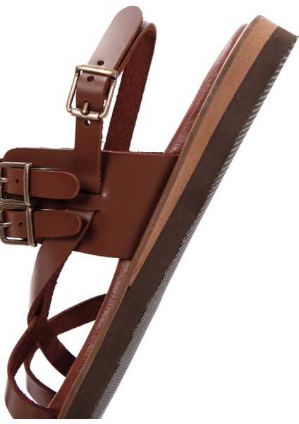 Kadın Taba Bilekten Bantlı Parmak Arası Deri Sandalet 25SFD361018