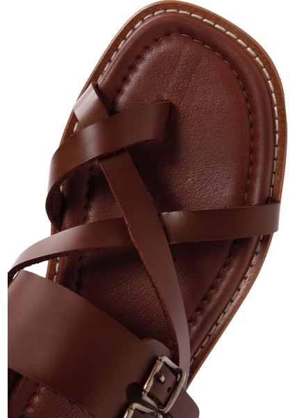 Kadın Taba Bilekten Bantlı Parmak Arası Deri Sandalet 25SFD361018