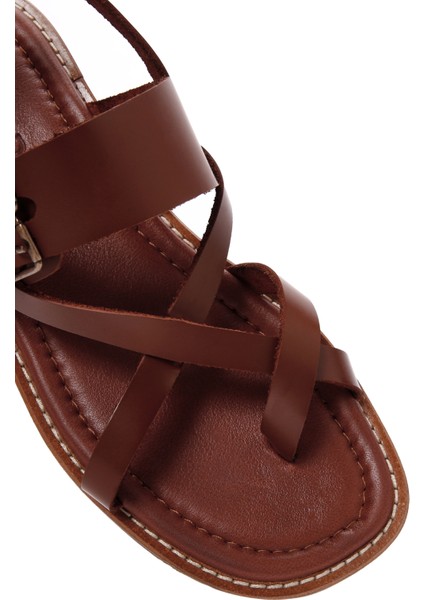 Kadın Taba Bilekten Bantlı Parmak Arası Deri Sandalet 25SFD361018