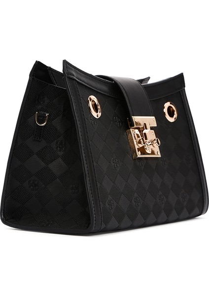 Kadın Siyah Uzun Askılı Baskılı Omuz Çantası 25SBD200626