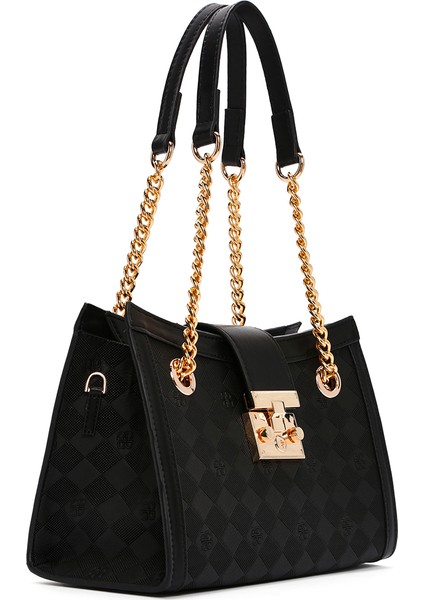 Kadın Siyah Uzun Askılı Baskılı Omuz Çantası 25SBD200626