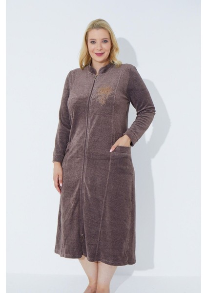 Lacivert Uzun Kollu Fermuarlı Nakışlı Kadın Büyük Beden Pamuklu Kadife Elbise