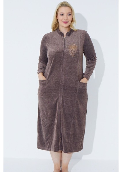 Lacivert Uzun Kollu Fermuarlı Nakışlı Kadın Büyük Beden Pamuklu Kadife Elbise fiyatları