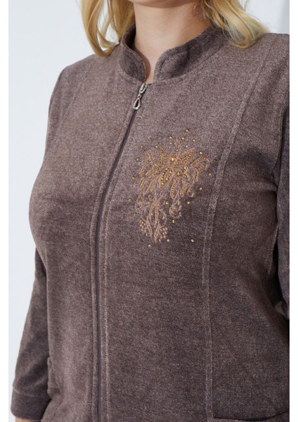 Lacivert Uzun Kollu Fermuarlı Nakışlı Kadın Büyük Beden Pamuklu Kadife Elbise modelleri