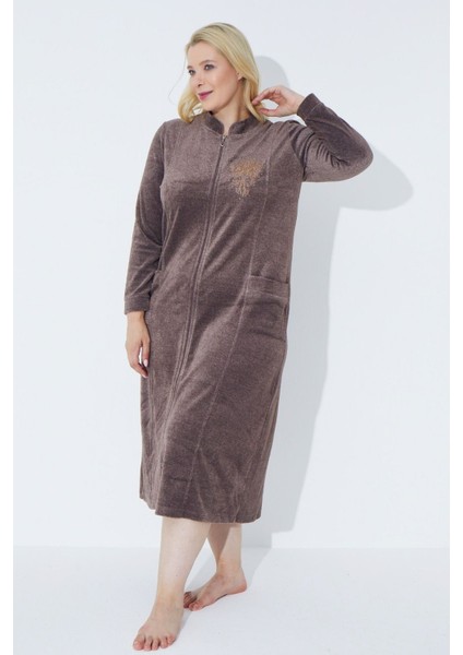 Lacivert Uzun Kollu Fermuarlı Nakışlı Kadın Büyük Beden Pamuklu Kadife Elbise fırsatları