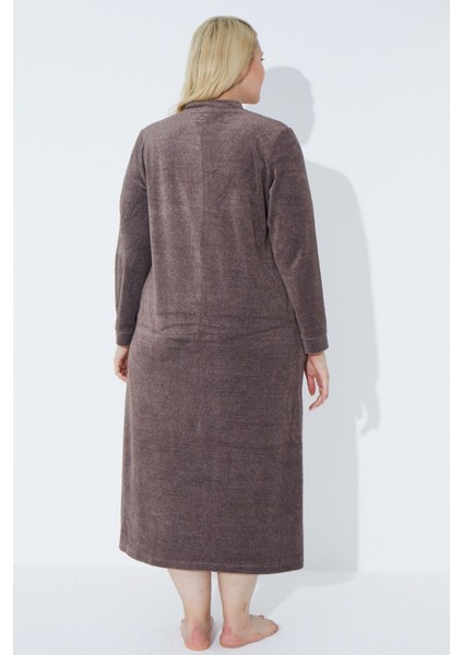 Lacivert Uzun Kollu Fermuarlı Nakışlı Kadın Büyük Beden Pamuklu Kadife Elbise indirimleri