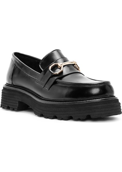 Kadın Siyah Tokalı Deri Maskülen Loafer 24WFD189122