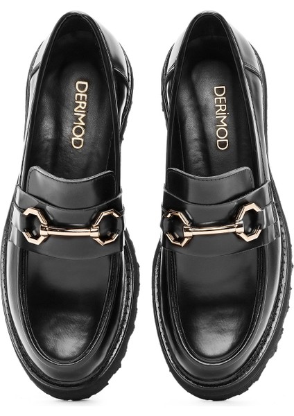 Kadın Siyah Tokalı Deri Maskülen Loafer 24WFD189122