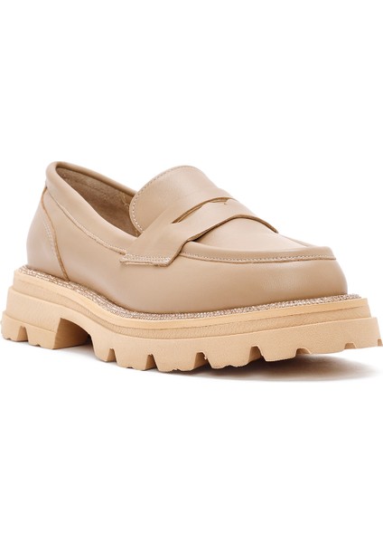 Kadın Bej Kalın Tabanlı Deri Maskülen Loafer 24WFD188718