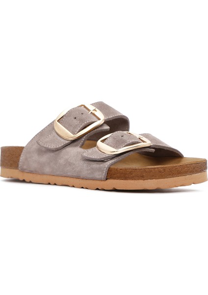 Kadın Bej Tokalı Süet Deri Terlik 25SFD130110