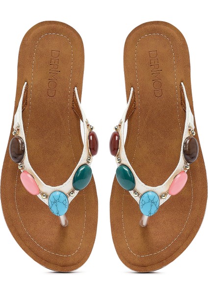 Kadın Beyaz Parmak Arası Taşlı Terlik 25SFE463018