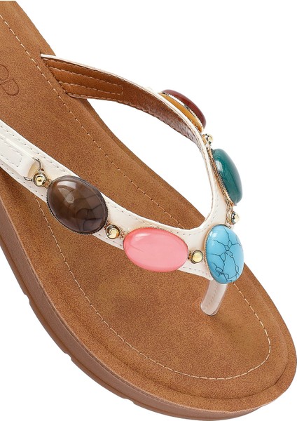 Kadın Beyaz Parmak Arası Taşlı Terlik 25SFE463018