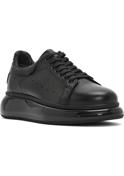 Erkek Siyah Bağcıklı Kalın Tabanlı Deri Sneaker 25SFD680018