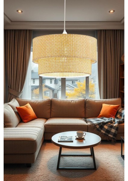 Modern 2 Katlı Bej Hazeran Kumaş Plastik Tel Sarkıt Avize, Salon, Mutfak, Yatak ve Çocuk Odası Için