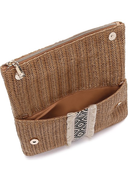 Kadın Kahverengi Zincir Uzun Askılı Hasır Mini Portföy Çanta 25SBD2903M7