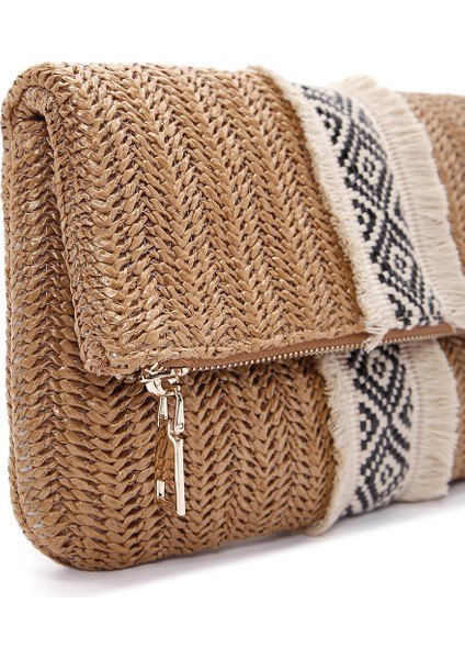 Kadın Kahverengi Zincir Uzun Askılı Hasır Mini Portföy Çanta 25SBD2903M7