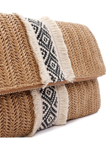 Kadın Kahverengi Zincir Uzun Askılı Hasır Mini Portföy Çanta 25SBD2903M7