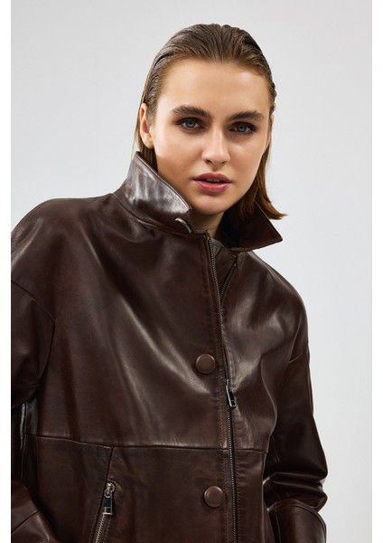 Dalida Kadın Kahverengi Oversize Deri Ceket 24WGD5212HN