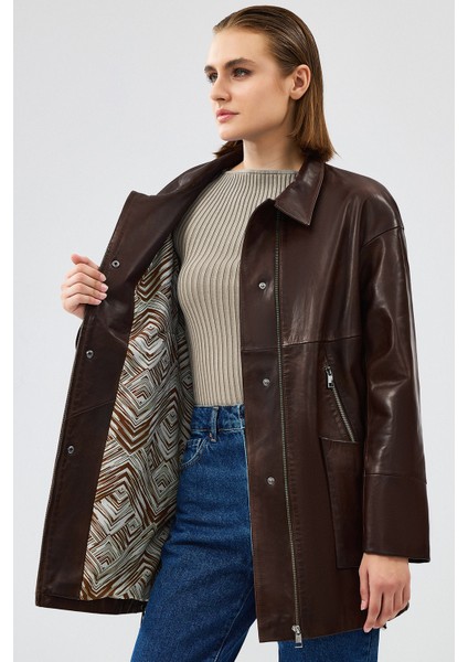 Dalida Kadın Kahverengi Oversize Deri Ceket 24WGD5212HN