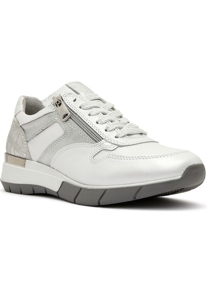 Kadın Beyaz Bağcıklı Yandan Fermuarlı Deri Sneaker 25SFD370514