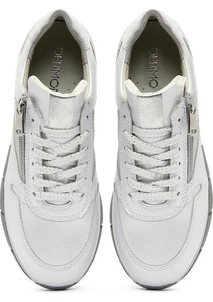 Kadın Beyaz Bağcıklı Yandan Fermuarlı Deri Sneaker 25SFD370514