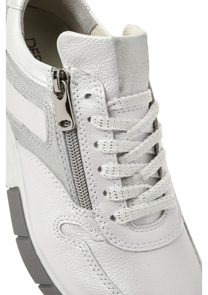 Kadın Beyaz Bağcıklı Yandan Fermuarlı Deri Sneaker 25SFD370514