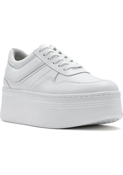 Kadın Beyaz Bağcıklı Kalın Tabanlı Deri Sneaker 25SFD370718