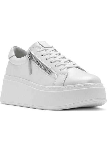 Kadın Beyaz Kalın Tabanlı Yandan Fermuarlı Bağcıklı Deri Sneaker 25SFD3702SM