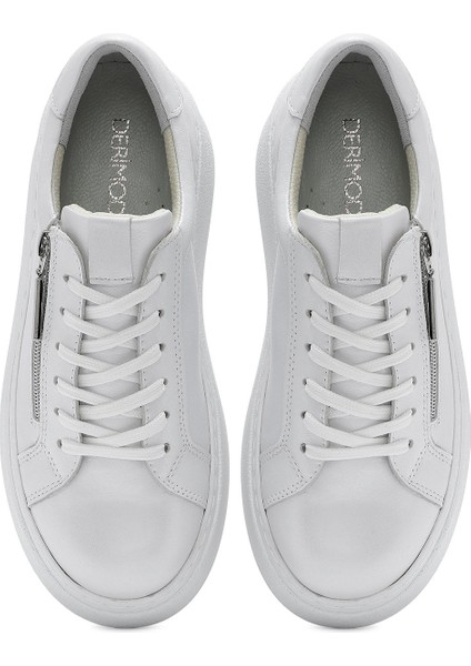 Kadın Beyaz Kalın Tabanlı Yandan Fermuarlı Bağcıklı Deri Sneaker 25SFD3702SM