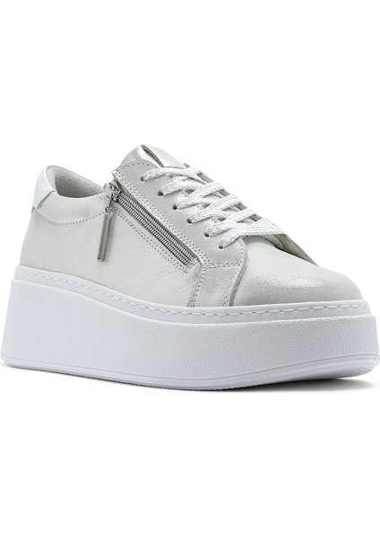 Kadın Gümüş Kalın Tabanlı Yandan Fermuarlı Deri Sneaker 25SFD3702SM