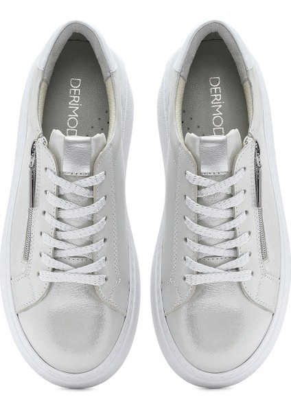 Kadın Gümüş Kalın Tabanlı Yandan Fermuarlı Deri Sneaker 25SFD3702SM