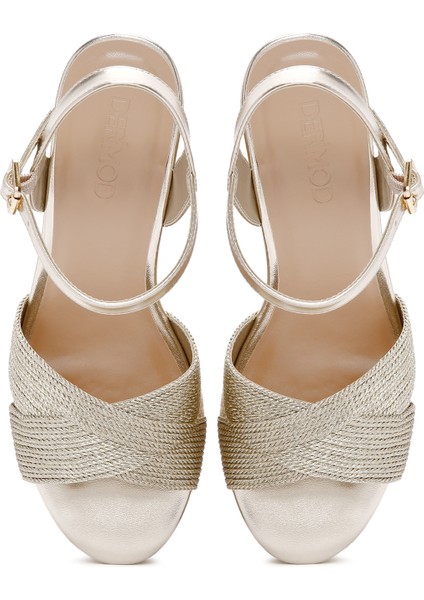 Kadın Altın Bilekten Bantlı Metalik Dolgu Topuklu Espadril 25SFE480632