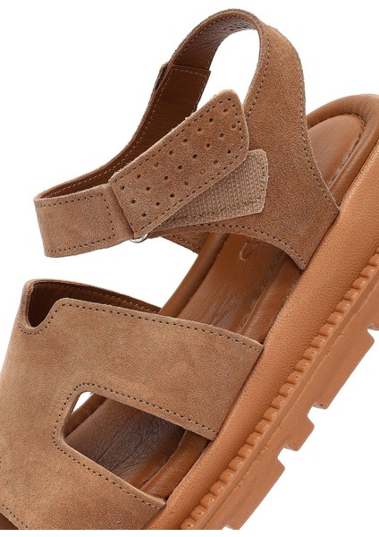 Kadın Pudra Bantlı Kalın Tabanlı Süet Deri Comfort Sandalet 25SFD300210