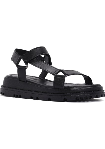 Kadın Siyah Bilekten Bantlı Deri Comfort Sandalet 25SFD300318
