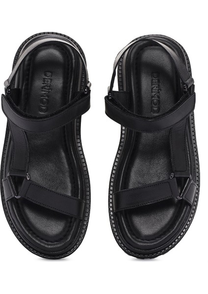 Kadın Siyah Bilekten Bantlı Deri Comfort Sandalet 25SFD300318