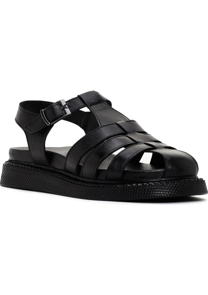 Kadın Siyah Bantlı Deri Comfort Sandalet 25SFD300418