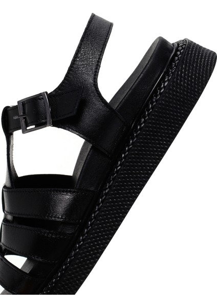 Kadın Siyah Bantlı Deri Comfort Sandalet 25SFD300418