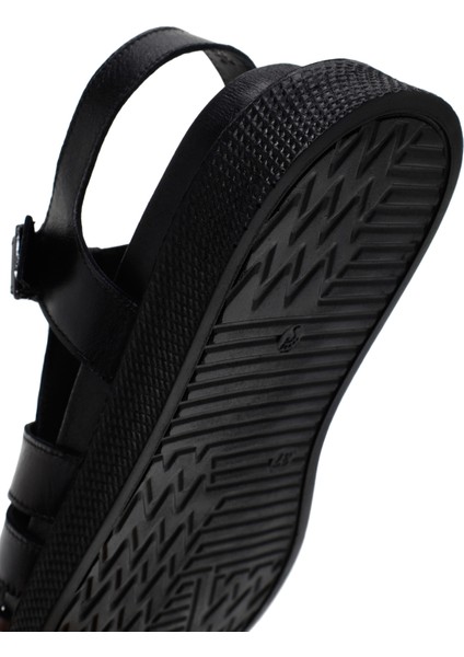 Kadın Siyah Bantlı Deri Comfort Sandalet 25SFD300418
