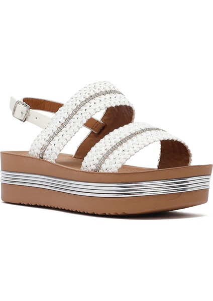 Kadın Beyaz Kalın Tabanlı Örgülü Sandalet 25SFE464714