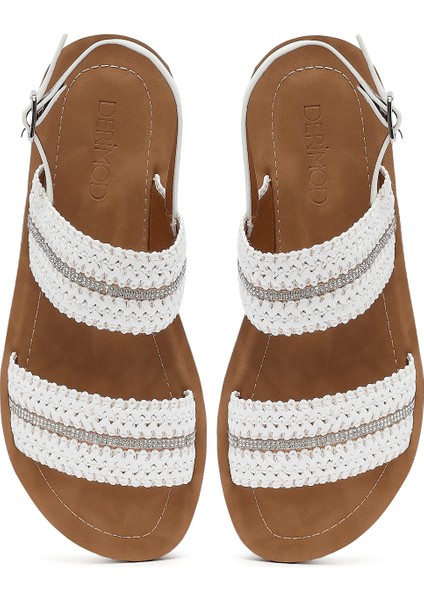 Kadın Beyaz Kalın Tabanlı Örgülü Sandalet 25SFE464714