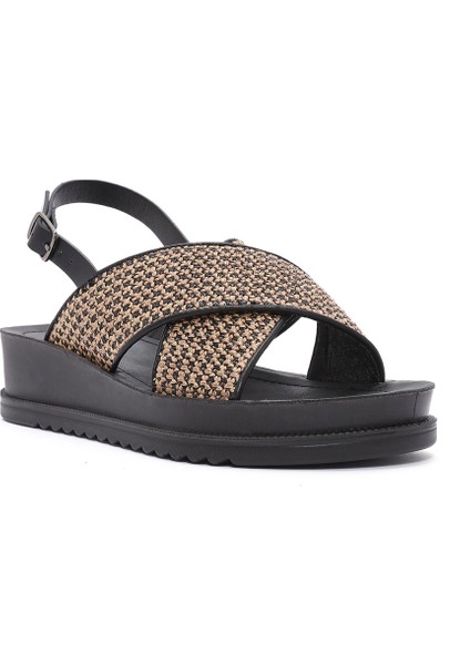 Kadın Bej Arkadan Bağlamalı Kalın Tabanlı Hasır Sandalet 25SFE4656M7